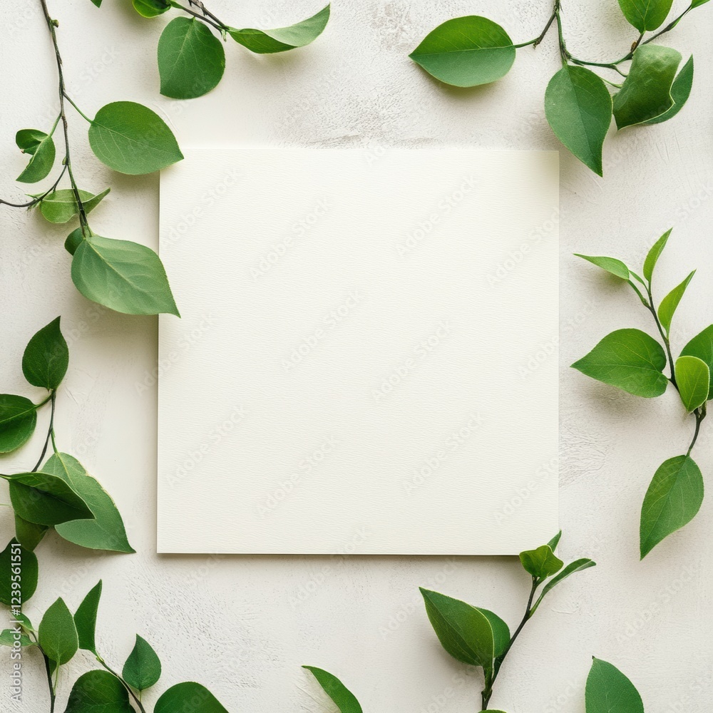 Poster blank canvas surrounded by fresh green leaves on a light textured background for creative inspiratio