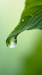 Fototapeta premium a dewdrop is dripping from the tip of the leaf, 