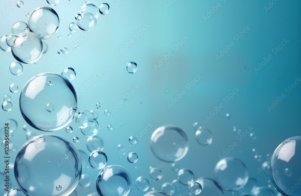 Poster abstract illustration shows many transparent bubbles floating in light blue background. bubbles appe