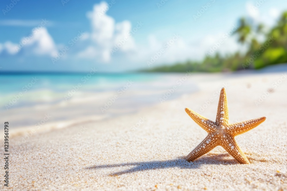 Poster starfish resting on sandy beach under bright blue sky with fluffy clouds. generative ai
