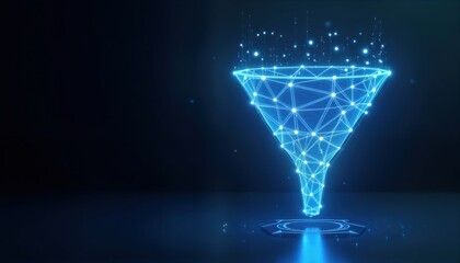 Futuristic digital funnel design. Data filtering process. Tech business concept. Abstract illustration for marketing strategy. Polygonal graphic shape. Network structure, data analysis. Isolated on