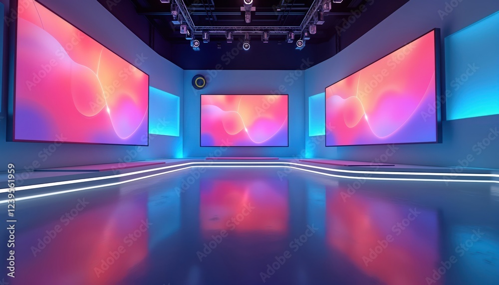 Poster Modern virtual TV show studio background with vibrant color gradients. Large screens display abstract visuals. Empty stage area with sleek design. Suitable for various tv shows including tech