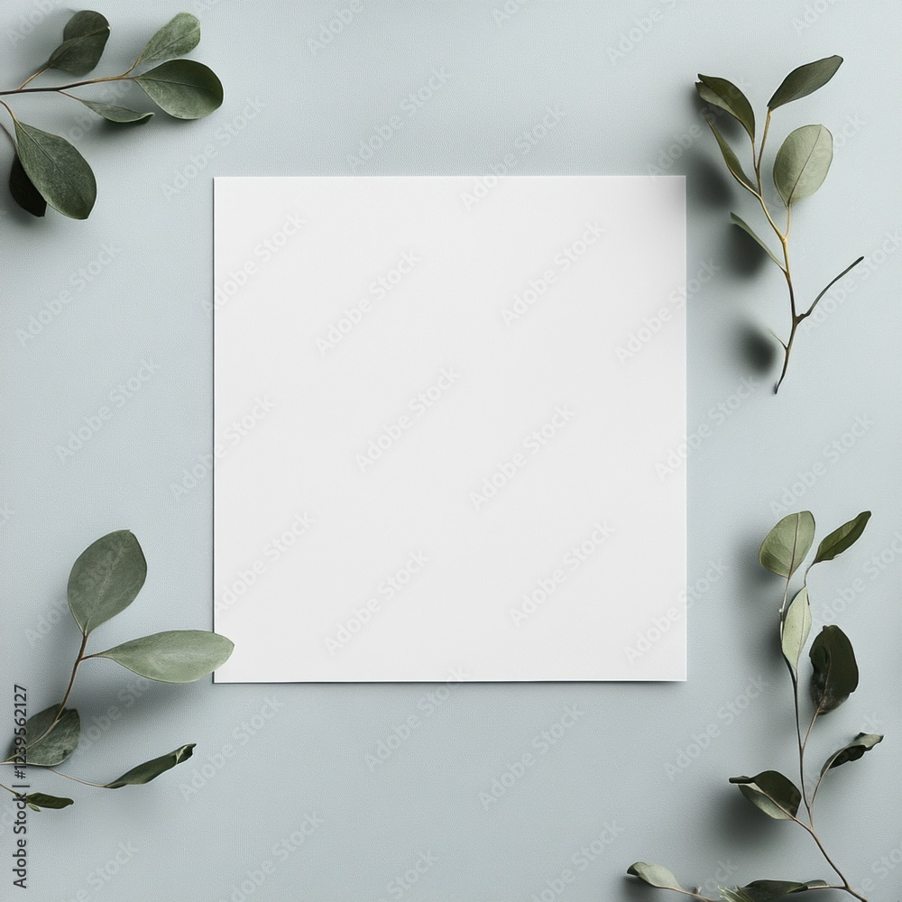 Poster Blank square paper surrounded by green leaves on a soft blue background in a minimalist style setting. Generative AI