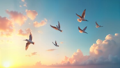 Fototapeta premium Five birds soar freely in a vibrant sky at sunrise. Fluffy clouds drift lazily in the sky with warm light. The birds are light-colored. The image suggests a sense of freedom and nature.