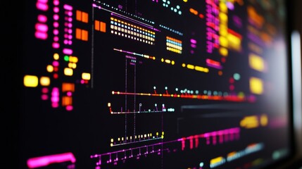 Obraz premium A closeup of a digital interface displaying the intricate design software used for AI chip architecture with colorful schematics and algorithms visible on the screen emphasizing the