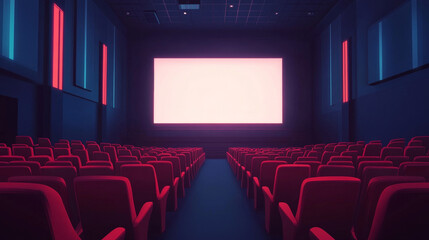 Obraz premium Empty Theater: Minimalist Cinema Hall with Blank Screen and Red Chairs