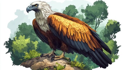 Fototapeta premium Majestic eagle perched on rock in lush forest with vibrant plumage