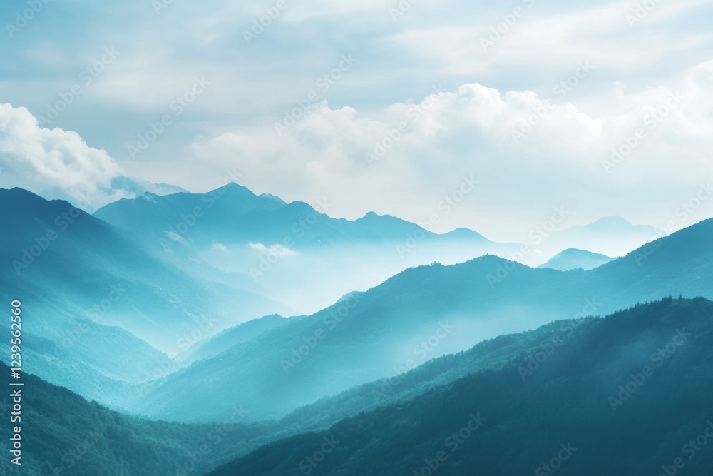 Poster mountains shrouded in mist with a serene atmosphere in the early morning light over a quiet valley. 