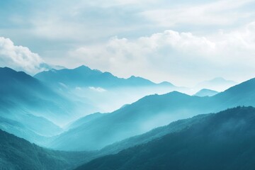 Obraz premium Mountains shrouded in mist with a serene atmosphere in the early morning light over a quiet valley. Generative AI