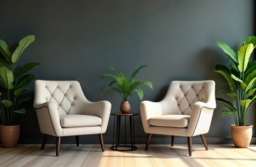 Cozy psychologist office interior. Two elegant armchairs, small coffee table placed in front of dark wall. Indoor plants add touch of nature to modern space. Minimalist design. Calm, peaceful
