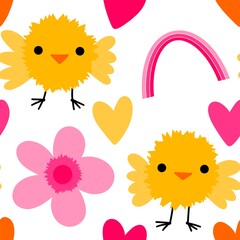 Easter chicken and eggs seamless birds pattern for wrapping paper and fabrics