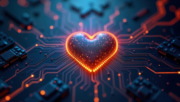 Futuristic heart symbol glows brightly on circuit board. Tech love concept. Heart design part of tech network. Image innovative tech love concept. Futuristic illustration displays health care, - Powered by Adobe