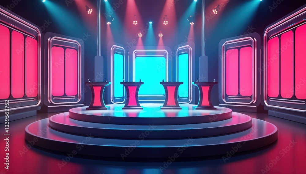 Poster Futuristic game show set with multiple podiums, buzzers. Neon lights, vibrant colors create dynamic night scene. Audience implied within elaborate studio environment. Design blends tech,
