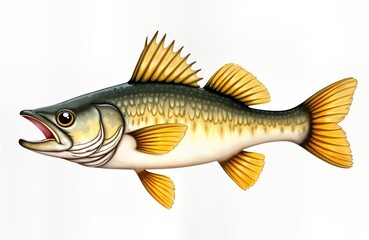 Cute comical walleye fish in watercolor style. Fish bright yellow fins, mouth open. Minimalist design on white background. Aquatic creature illustration. Whimsical, playful image perfect for children