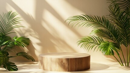Wooden pedestal in sunlit room with green tropical plants and soft shadows