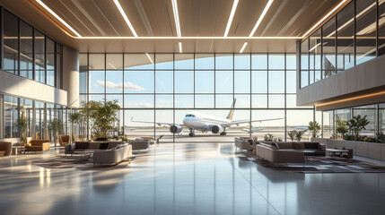 Airport Horizon: Modern Terminal Interior with Glass Windows and Passenger Plane

