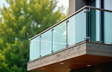 Modern balcony railing featuring laminated tempered glass panels. Stylish design complements contemporary architecture. Stainless steel hardware secures glass panels. Balcony extends from house