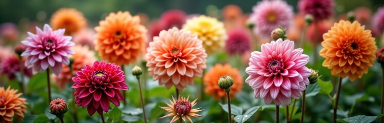 Colorful dahlia flowers in garden. Dahlias bloom in various shades of pink orange, red. Water droplets appear on petals. Garden looks sunny, inviting. Garden bed full of vibrant dahlias in autumn.