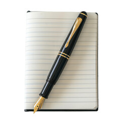 Naklejka premium classic fountain pen resting on open notebook, showcasing elegance and creativity. pen features sleek black design with gold accents, perfect for writing notes or journaling