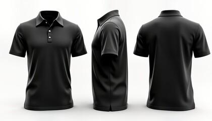 Black polo shirt front, back views. Studio shot. Blank polo shirt style. Modern minimalist design. Versatile casual attire. Suitable for various occasions. Simple, classic design. Short sleeve polo.