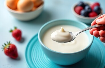 Fresh yogurt on spoon shown close-up. Blue bowl holds yogurt. Strawberries, fruits in background. Healthy snack breakfast concept. Clean eating. Healthy lifestyle image. Food photography.