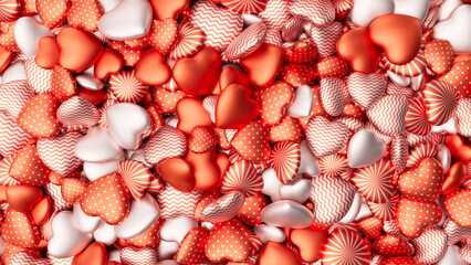 Red and pink textured hearts background for Valentine's Day. Pile of hearts. Romantic backdrop. 3d render illustration