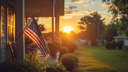 American flag on porch at sunset with warm summer lighting in suburban neighborhood