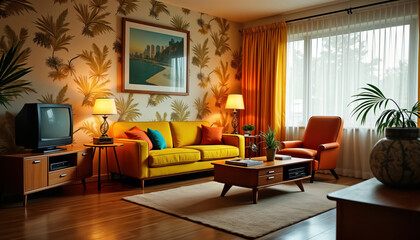 Retro living room with vibrant 90s decor. Yellow sofa, orange armchair. Vintage TV, wooden furniture create nostalgic atmosphere. Patterned wallpaper, bright colors evoke era. Home decor items like