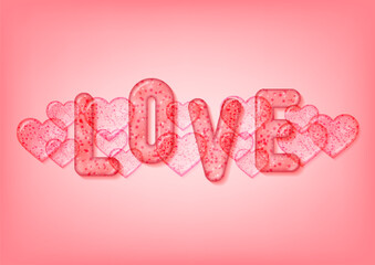 Love concept for Valentine's day celebration. Coral banner A2 with 3d transparent text love and hearts. Template for greeting cards, vouchers and sale banners. Vector illustration.