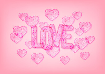 Love concept for Valentine's day celebration. Pink banner A2 with 3d transparent text love and hearts. Template for greeting cards, vouchers and sale banners. Vector illustration.