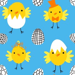 Easter chicken and eggs seamless birds pattern for wrapping paper and fabrics