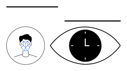 Head profile with facial recognition grid, black eye symbol with clock inside, and minimalist design. Ideal for technology, surveillance, data analysis, biometrics, security, time management