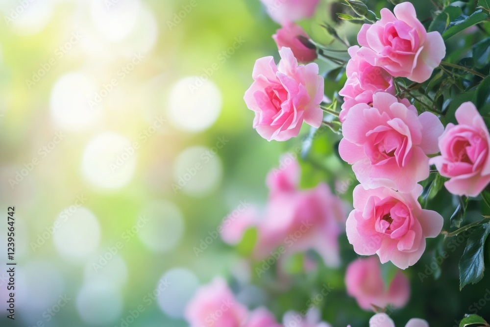 Poster beautiful pink roses blooming softly in a garden during spring with sunlight filtering through the l