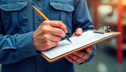 Mechanic fills out job checklist in workshop. Adult male technician in uniform reviews repair work. Focused on task. Pro auto technician working indoors. Estimating auto repairs. Using clipboard,