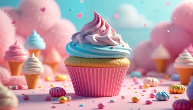Colorful cupcake sits in candyland scene. Pink, blue frosting decorates cupcake. Surrounding treats include lollipops, candy floss. Sweet desserts fill whimsical setting. Photo displays joy,