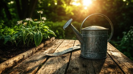 rustic metal watering can on a wooden bench, blooming flowers and green seedlings in the background