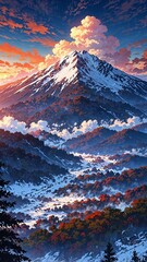 Snow-Capped Mountain at Sunrise with Vibrant Autumn Forest