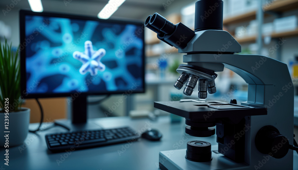 Aufkleber Modern digital microscope analyzes nanotechnology sample on high-resolution display in lab. Tech equipment displays detailed nanotech sample. Scientist researcher studies advanced nanotech. Modern