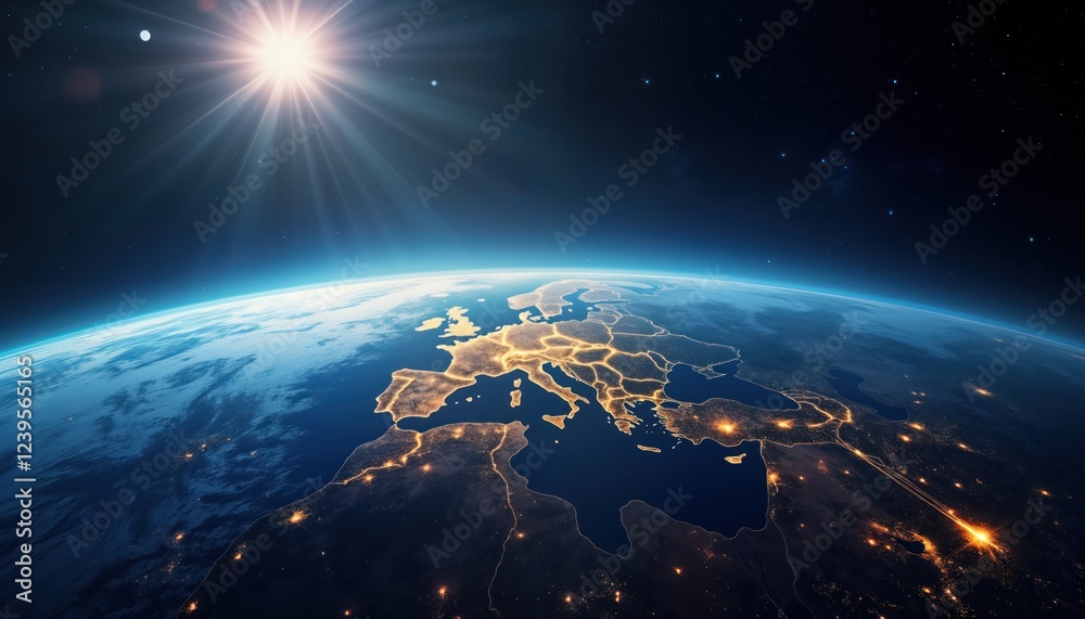 Poster global view of european continent from space. city lights illuminate european countries. earth rotat