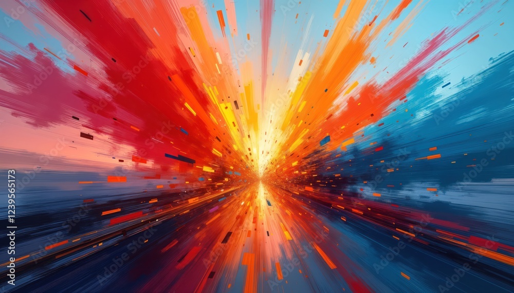 Poster Abstract painting explodes with vibrant colors. Dynamic brushstrokes create powerful visual effect. Colorful streaks, splashes radiate from center. Abstract art style modern, energetic. Lively,