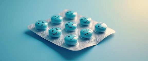 A whimsical arrangement of blue pills adorned with cheerful smiley faces sits on a soft blue background, radiating positivity and joy. This lighthearted image captures the essence of happiness and