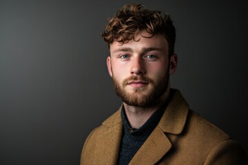 Fototapeta premium Stylish Young Man in a Brown Coat Against a Dark Background