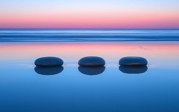 Tranquil ocean sunset, three stones, calm water, peaceful beach scene, meditation