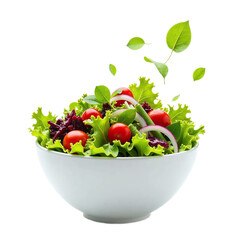 A fresh and vibrant salad in a white bowl, with tomatoes, lettuce, red onion, and green beans.