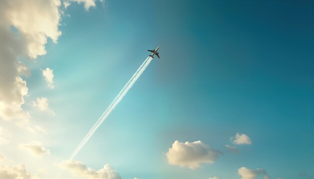 High-flying plane leaves long white trail in clear sky filled with soft clouds. Airplane travels smoothly through azure blue sky. Clouds gather in groups in sky. Wonderful landscape. Atmospheric - Powered by Adobe