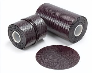 Dark brown textured vinyl rolls and circle; studio shot; material samples; for website