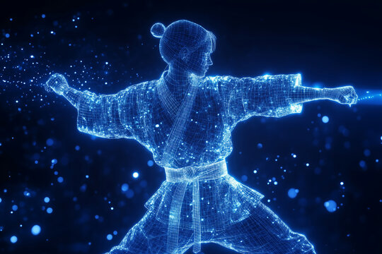 Digital wireframe karateka embodies strength and movement in glowing art