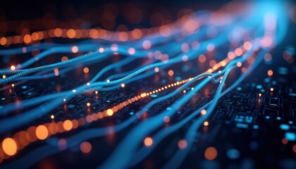 Abstract tech background shows glowing data fiber optic cables. Fluid lines move across dark surface. Bright colors like orange, blue create dynamic effect. Futuristic design. Glowing patterns show