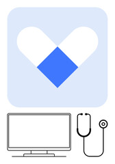 Medical heart logo in blue and white above a computer monitor and stethoscope. Ideal for telemedicine, digital health, online consultation, patient monitoring, healthcare apps, virtual care, medical