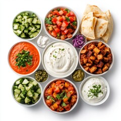 Fresh and Colorful Medley of Dips, Vegetables, and Sauces Arranged in Individual Bowls for a Vibrant Display